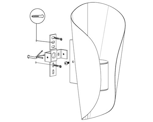 Sprängskiss av en vägglampa med fästmaterial