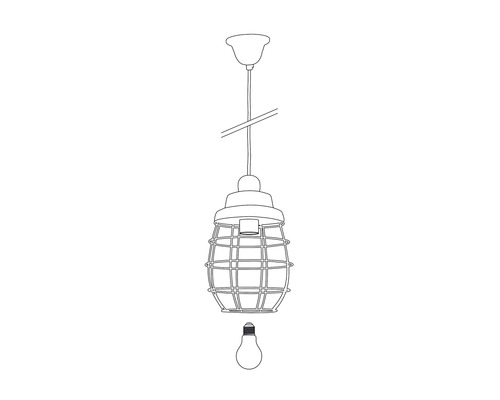 Pendellampa med skärm i form av en bur och glödlampa