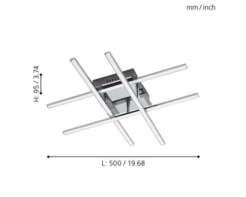 Fyrkantig taklampa med korsformade ljuselement och måttangivelser