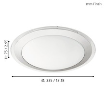 Rund taklampa med måtten 335 millimeter i diameter och 75 millimeter i höjd.