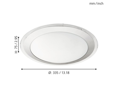 Rund taklampa med måtten 335 millimeter i diameter och 75 millimeter i höjd.