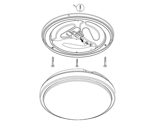 Sprängskiss av en rund taklampa med monteringsanvisningar och skruvar