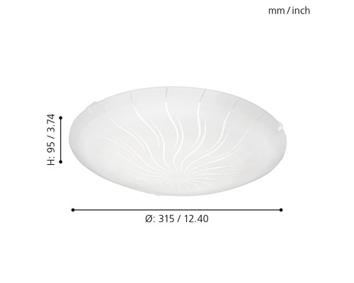 Taklampa med en diameter på 315 millimeter och en höjd på 95 millimeter.