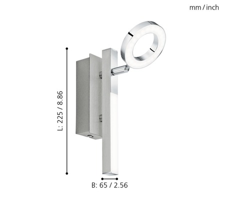 Vägglampa med rund LED-belysning och måttangivelser