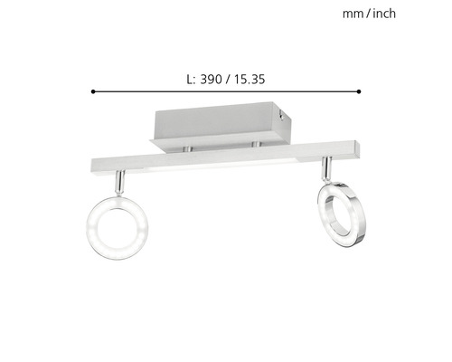 Taklampa med två runda spotlights och angiven längd