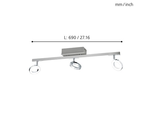 Taklampa med tre spotlights och en längd på 690 millimeter.