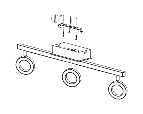 Ritning av en taklampa med tre runda lampor och fästmaterial