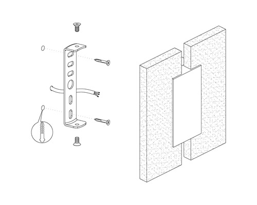 Illustration av ett monteringsfäste med skruvar och plugg för väggmontering.