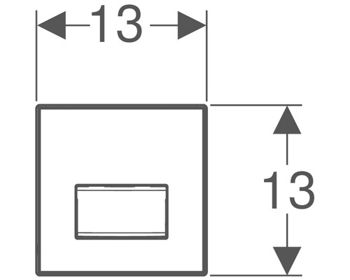 Teknisk ritning av ett kvadratiskt objekt med en lådform och måtten 13 x 13