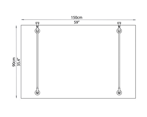 Teknisk ritning av en duschvägg som mäter 150 cm gånger 90 cm.