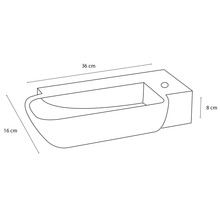 Teknisk ritning av ett tvättställ med måtten 36 cm bred, 16 cm djup och 8 cm hög.