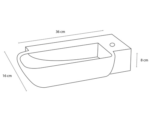 Teknisk ritning av ett tvättställ med måtten 36 cm bred, 16 cm djup och 8 cm hög.