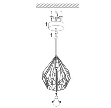 Illustration av en hänglampa med geometrisk lampskärm och monteringsanvisningar