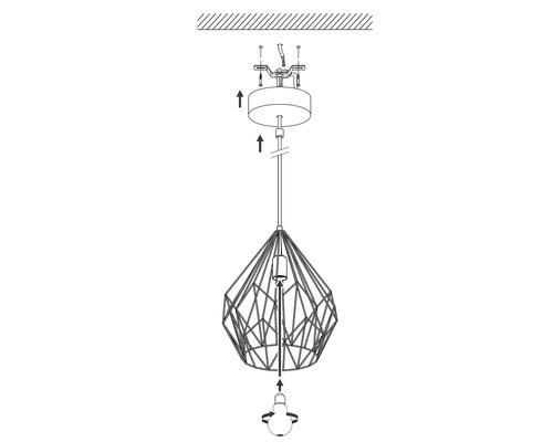 Illustration av en hänglampa med geometrisk lampskärm och monteringsanvisningar