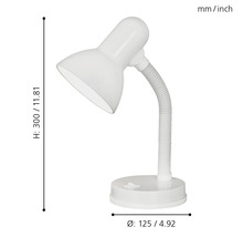 Skrivbordslampa med flexibel arm och måtten höjd 300 millimeter, diameter 125 millimeter.