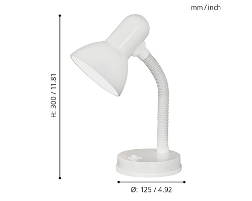 Skrivbordslampa med flexibel arm och måtten höjd 300 millimeter, diameter 125 millimeter.