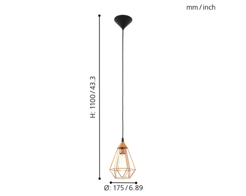 Pendellampa med geometrisk lampskärm och storleksangivelser.