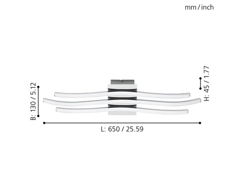 Mått på en taklampa med tre armar: längd 650 millimeter, bredd 130 millimeter, höjd 45 millimeter