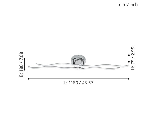 Teknisk ritning av en taklampa med måtten längd 1160 millimeter, bredd 180 millimeter och höjd 75 millimeter.