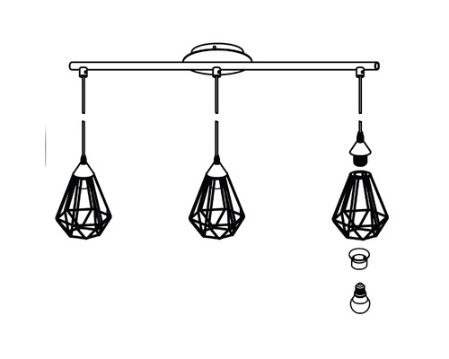 Taklampa med tre lampor och geometriska lampskärmar