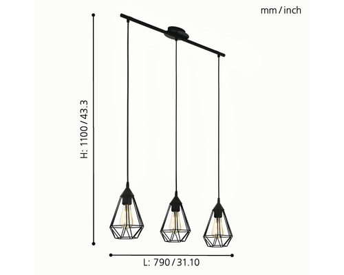 Taklampa med tre lampor och geometriska lampskärmar, mått visas