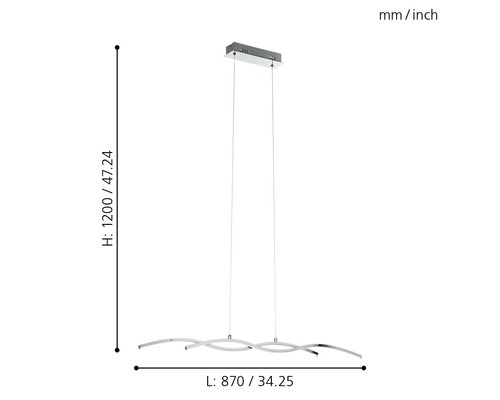 Mått på en hänglampa med vågig design och LED-lampa