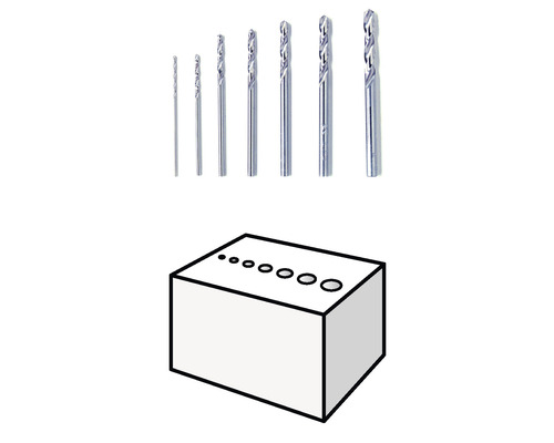 Set med metallborrar med en representation av olika borrdiametrar i ett block