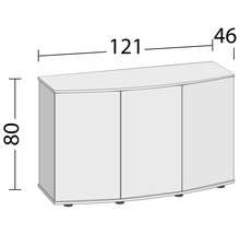 Bild av måtten på ett underskåp med tre dörrar: 80 centimeter hög, 121 centimeter bred och 46 centimeter djup