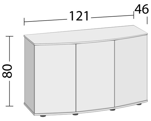 Bild av måtten på ett underskåp med tre dörrar: 80 centimeter hög, 121 centimeter bred och 46 centimeter djup