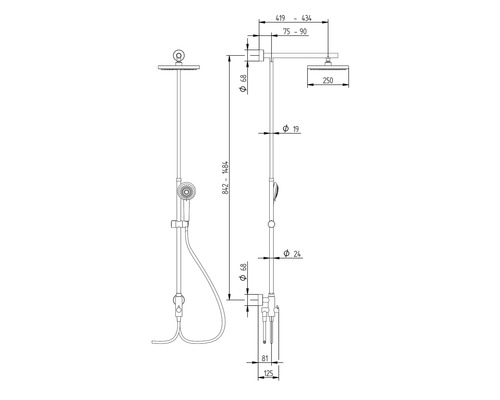 Teknisk ritning av ett duschsystem med mått