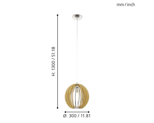 Pendellampa med sfärisk lampskärm och storleksinformation