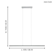 Teknisk ritning av en hängande lampa med höjd- och längdangivelser.