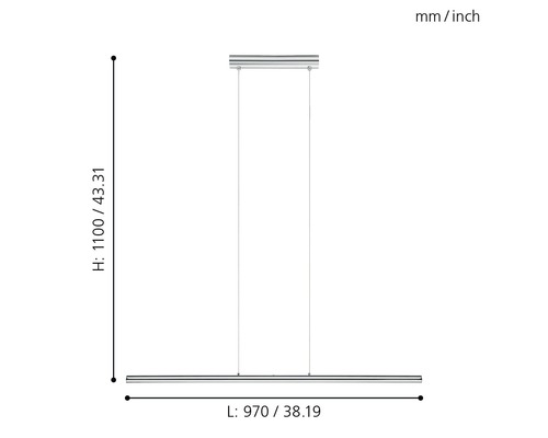 Teknisk ritning av en hängande lampa med höjd- och längdangivelser.