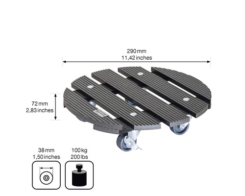 Växtrullare av trä med hjul, diameter 290 mm