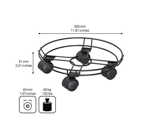 Växtrullare av metall med hjul, diameter 300 millimeter, lastkapacitet 60 kilogram