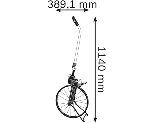 Bild på ett mäthjul med mått: 389,1 millimeter brett och 1140 millimeter högt.