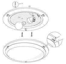 Monteringsanvisning för en taklampa med skruvar, pluggar och glödlampa