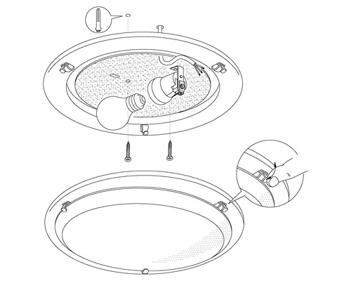 Monteringsanvisning för en taklampa med skruvar, pluggar och glödlampa