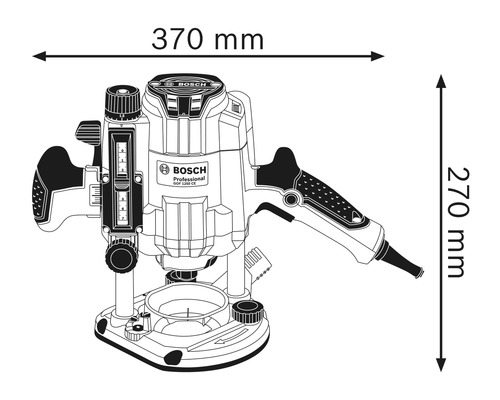 Bosch Professional GOF 1250 CE fräs med dimensionerna 370 mm gånger 270 mm