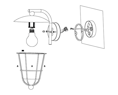 Sprängskiss av en vägglampa med lampskärm och bur