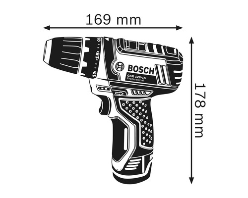 Bild på skruvdragaren med mått: 169 mm bred och 178 mm hög.