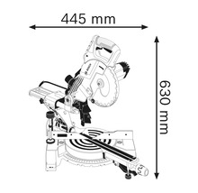Bild av en kap- och gersåg med mått: 445 mm bredd och 630 mm höjd.