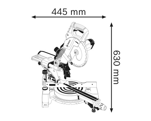 Bild av en kap- och gersåg med mått: 445 mm bredd och 630 mm höjd.