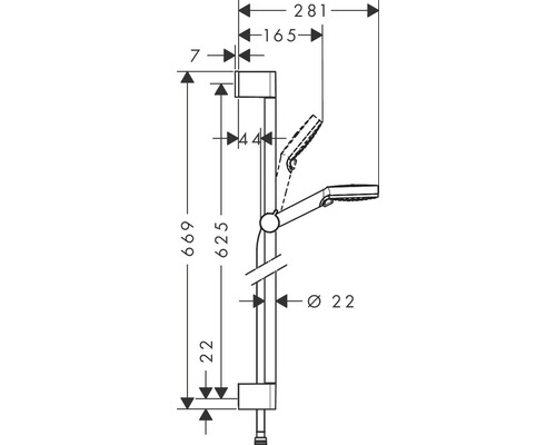 Teknisk ritning av en duschstång med måttangivelser