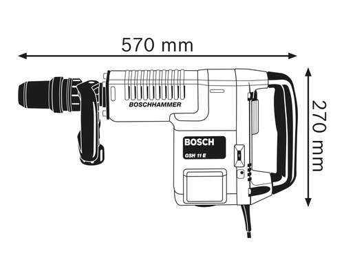 Illustration av Bosch GSH 11 E bilningshammare med mått: 570 mm längd, 270 mm höjd