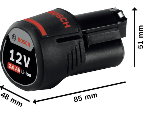 Bosch 12 volt 2.0 Ah litiumjonbatteri med dimensioner