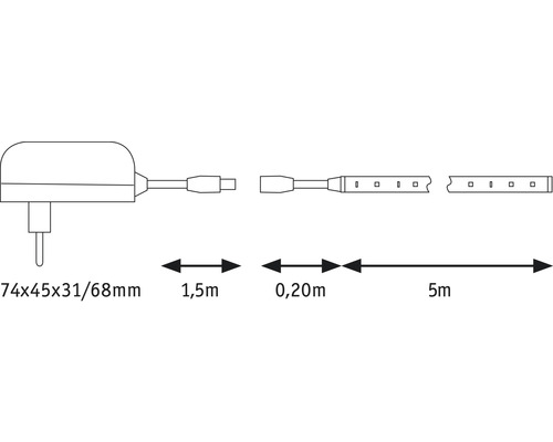 Teknisk ritning LED-list med kontakt, 1,5 m anslutningskabel, 0,2 m anslutningskabel och 5 m ljuslist.