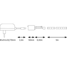 Skiss av en LED-strip med strömförsörjning och mått.