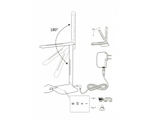Illustration av en skrivbordslampa som visar sin flexibilitet genom en 180-graders rotation och en 90-graders lutning.
