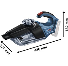 Sladdlös dammsugare med måtten 436 mm längd, 121 mm bredd och 182 mm höjd